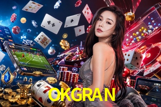 Una escena digital vívida inspirada en casino con OKGRAN mostrado prominentemente, luces brillantes, fichas, cartas y acentos dorados.